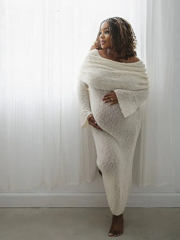 Momnfancy Solid Color Off Shoulder Knitwear Bodycon Baby Shower Maternity Maxi Dress