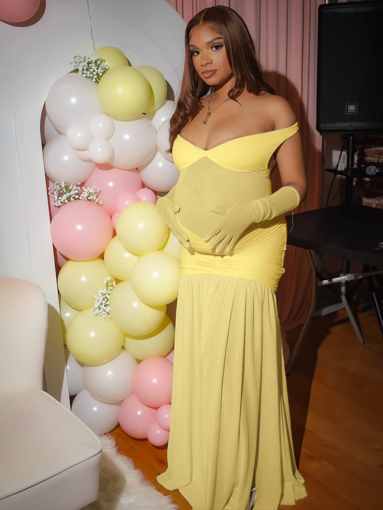 Momnfancy Off Shoulder Mesh Ruched Tulle Bodycon Mermaid Party Gown Baby Shower Maternity Maxi Dress