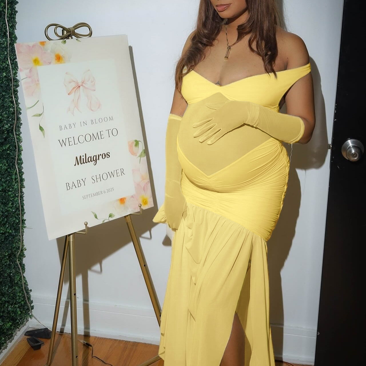 Momnfancy Off Shoulder Mesh Ruched Tulle Bodycon Mermaid Party Gown Baby Shower Maternity Maxi Dress