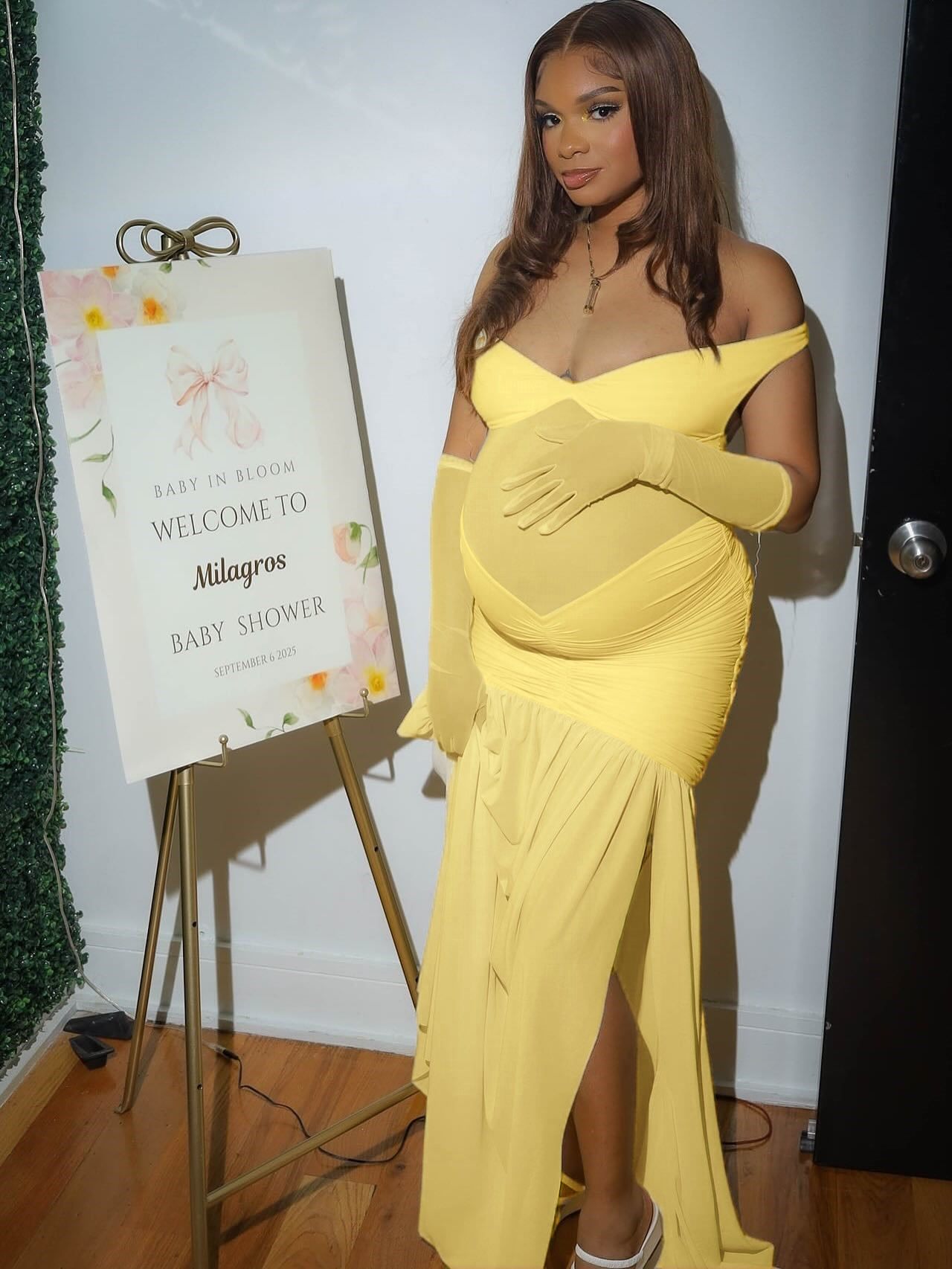 Momnfancy Off Shoulder Mesh Ruched Tulle Bodycon Mermaid Party Gown Baby Shower Maternity Maxi Dress