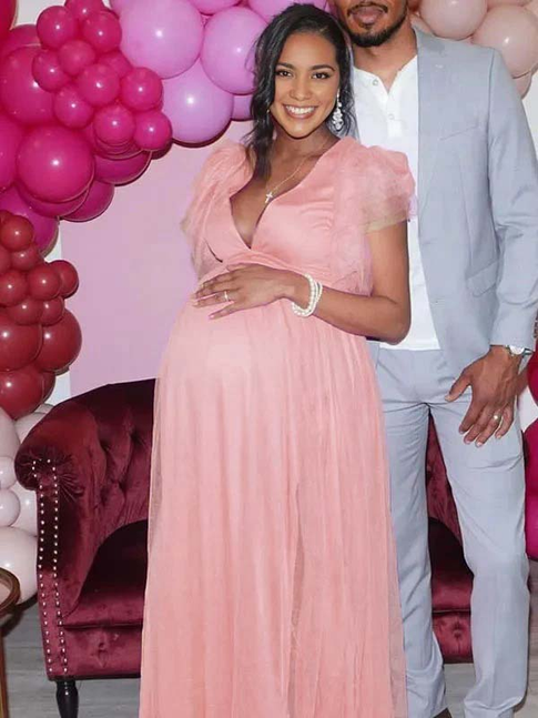 Momnfancy Plus Size Tulle Ruffle V-Neck Evening Gown Photoshoot Maternity Maxi Dress