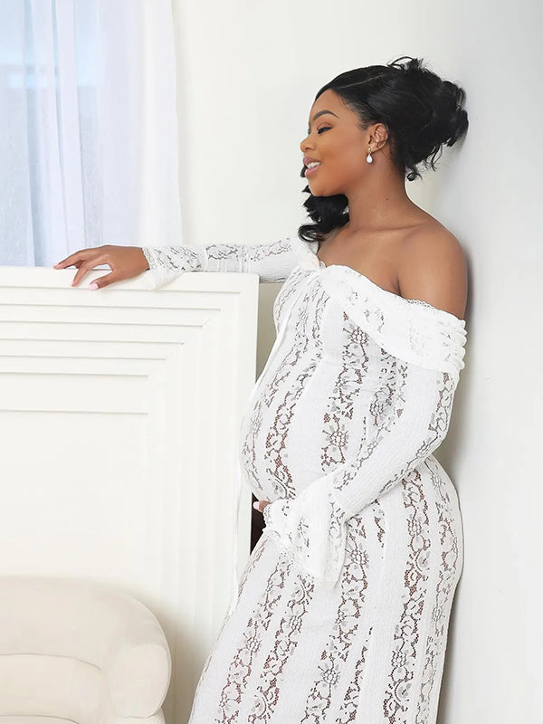 Momnfancy White Off Shoulder Lace Bandeau Tie Front Mermaid Bandage Going Out Photoshoot Maternity Maxi Dress