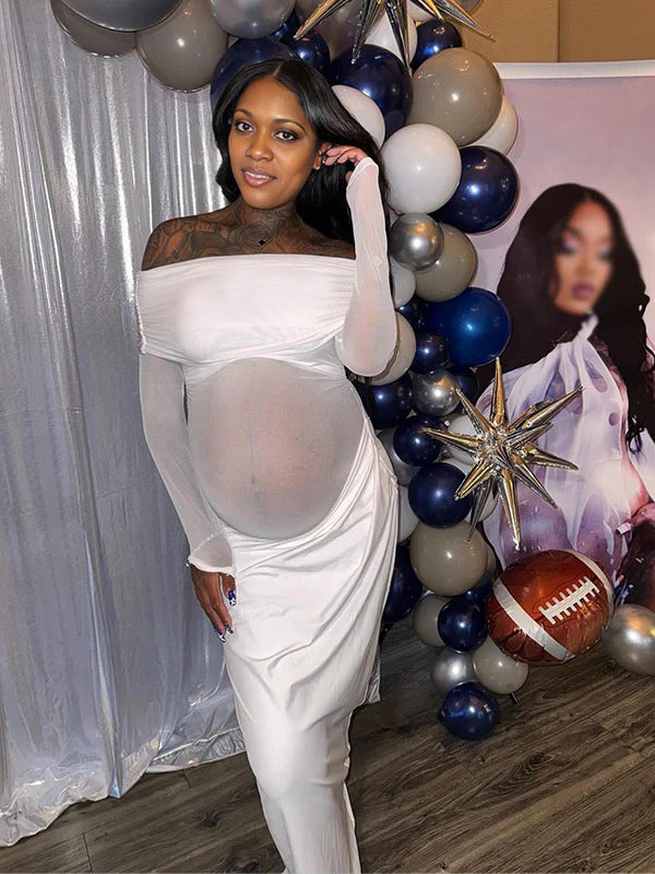 Momnfancy White Off Shoulder Mesh Splicing Bodycon Baby Shower Maternity Maxi Dress
