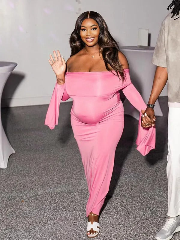 Momnfancy Solid Color Off Shoulder Bodycon Mermaid Party Gown Baby Shower Maternity Maxi Dress