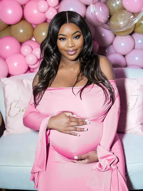 Momnfancy Solid Color Off Shoulder Bodycon Mermaid Party Gown Baby Shower Maternity Maxi Dress