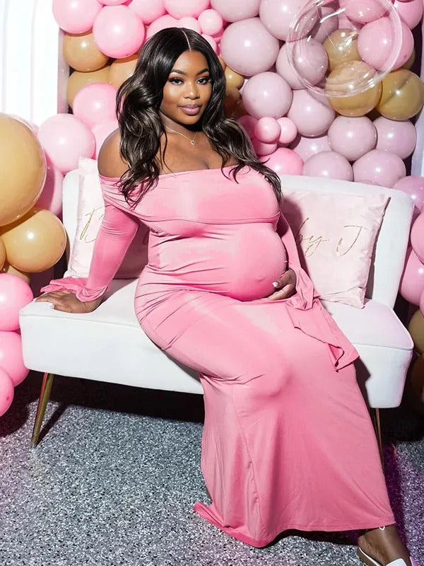 Momnfancy Solid Color Off Shoulder Bodycon Mermaid Party Gown Baby Shower Maternity Maxi Dress