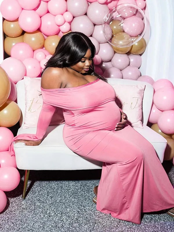 Momnfancy Solid Color Off Shoulder Bodycon Mermaid Party Gown Baby Shower Maternity Maxi Dress