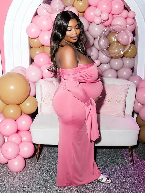 Momnfancy Solid Color Off Shoulder Bodycon Mermaid Party Gown Baby Shower Maternity Maxi Dress