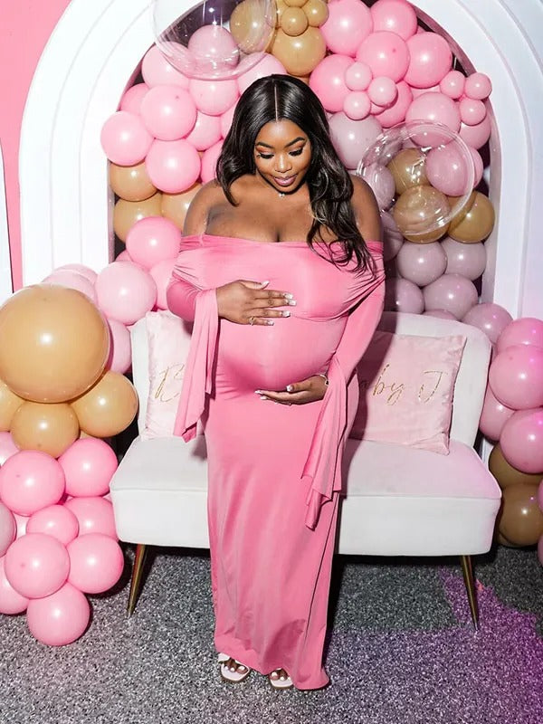 Momnfancy Solid Color Off Shoulder Bodycon Mermaid Party Gown Baby Shower Maternity Maxi Dress