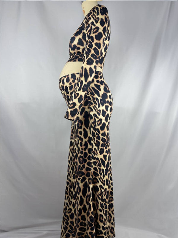 Momnfancy Lepoard 2-in-1 Bodycon Photoshoot Maternity Maxi Dress
