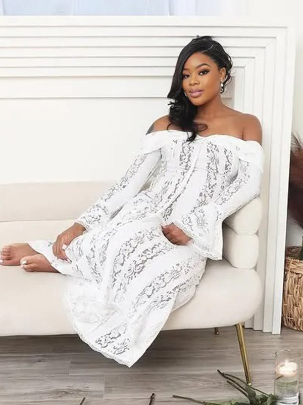 Momnfancy White Off Shoulder Lace Bandeau Tie Front Mermaid Bandage Going Out Photoshoot Maternity Maxi Dress