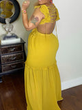 Momnfancy Ruffle Cut Out Deep V-neck Big Swing Chic Beach Maternity Photoshoot Baby Shower Maxi Dress