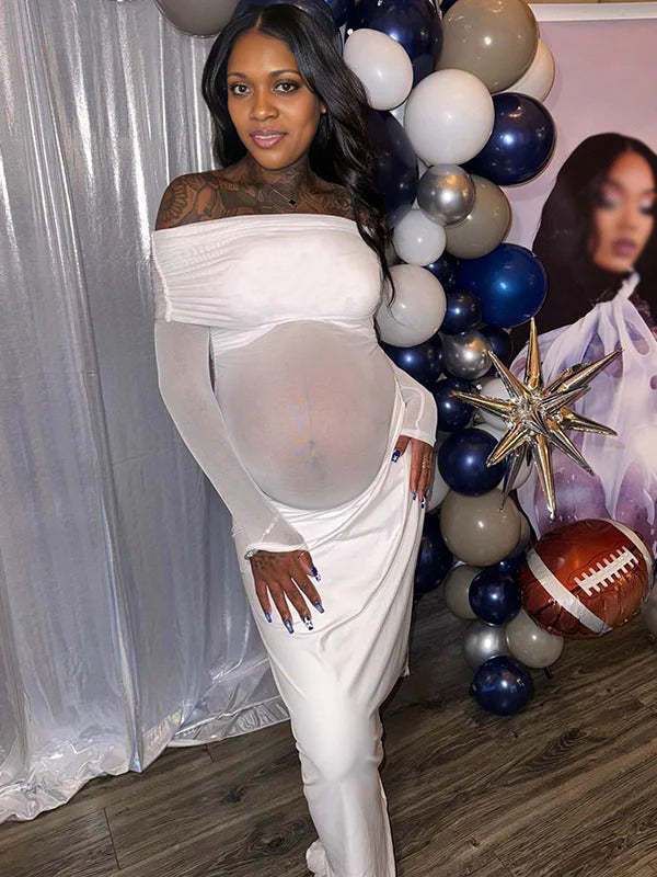 Momnfancy White Off Shoulder Mesh Splicing Bodycon Baby Shower Maternity Maxi Dress