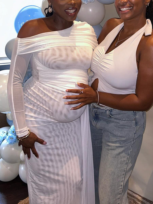 Momnfancy White Mesh Irregular Ruched Draped Off Shoulder Bodycon Baby Shower Maternity Maxi Dress