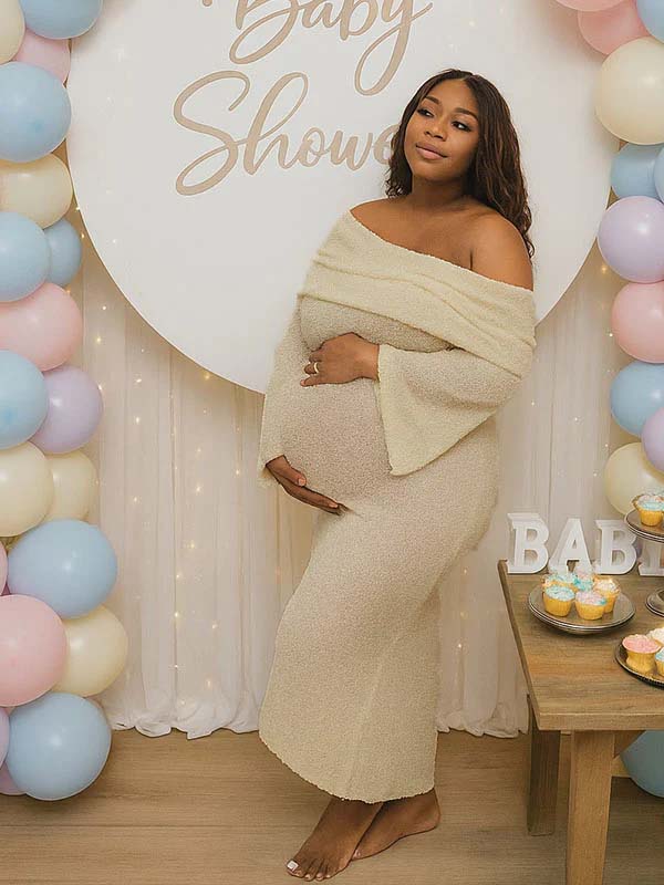 Momnfancy Solid Color Off Shoulder Knitwear Bodycon Baby Shower Maternity Maxi Dress