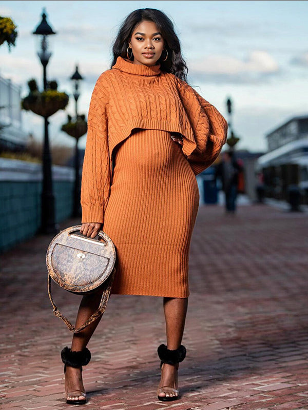 Momnfancy Solid Color Knitting 2-in-1 Bodycon Baby Shower Maternity Sweater Midi Dress