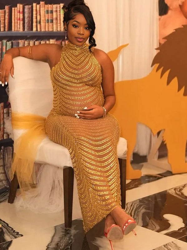 Momnfancy Gold Rhinestone Mesh Photoshoot Plus Size Evening Gown Babyshower Maternity Maxi Dress