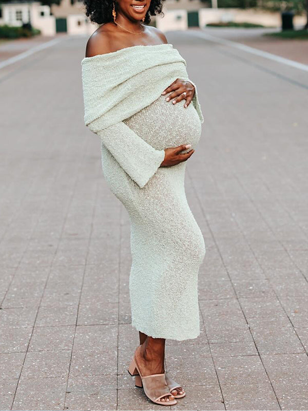 Momnfancy Green Knit Off Shoulder Baby Shower Maternity Maxi Dress