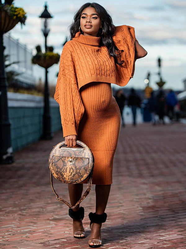 Momnfancy Solid Color Knitting 2-in-1 Bodycon Baby Shower Maternity Sweater Midi Dress