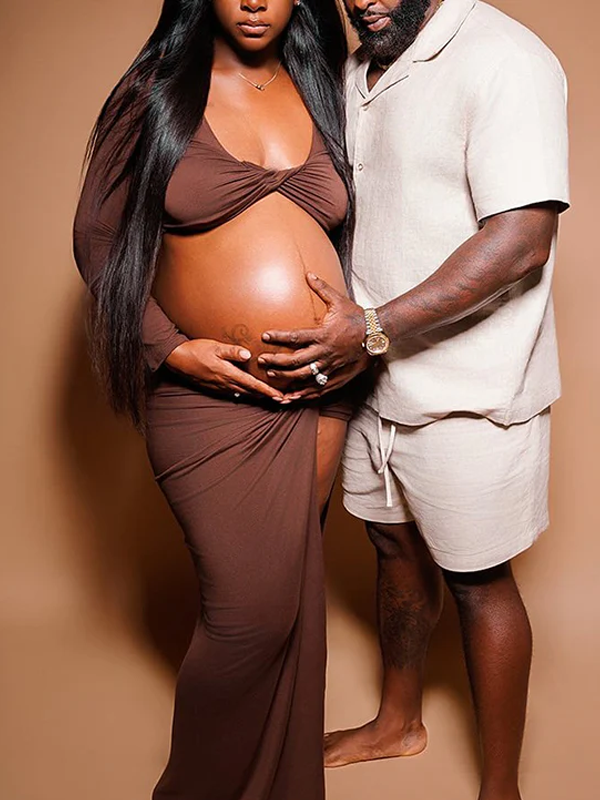 Momnfancy Brown Off Shoulder Cross Front Crop Side Slit 2-in-1 Photoshoot Maternity Maxi Dress