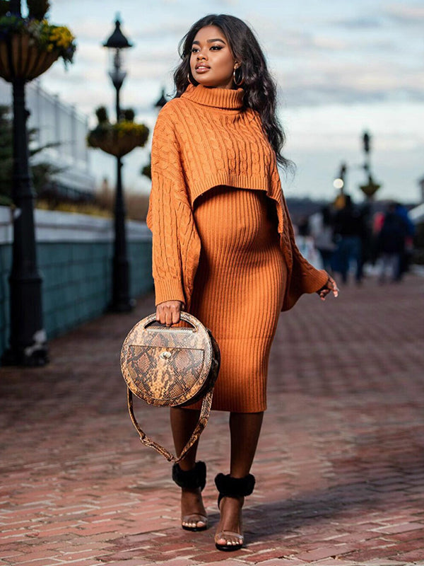 Momnfancy Solid Color Knitting 2-in-1 Bodycon Baby Shower Maternity Sweater Midi Dress