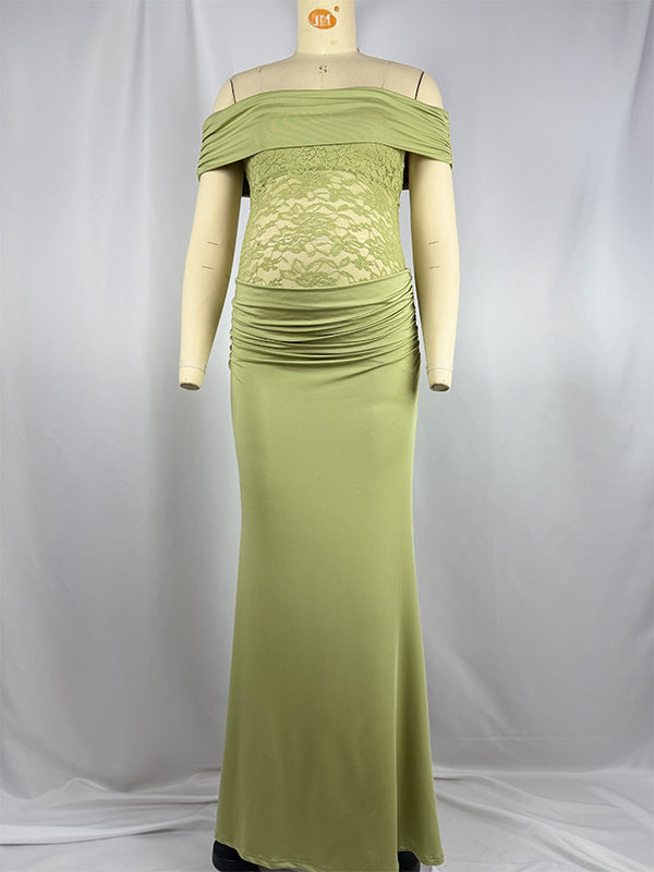 Momnfancy Green Off Shoulder Lace Sheer Splicing Ruched Bodycon Baby Shower Maternity Maxi Dress