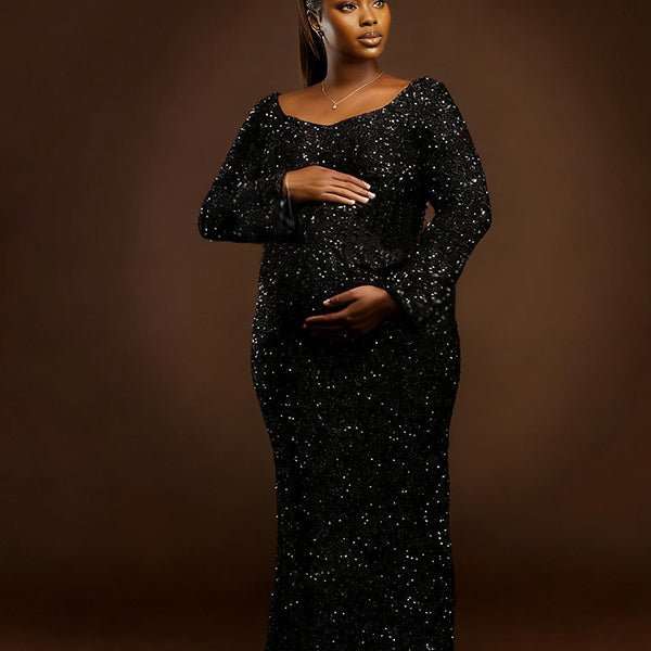 Momnfancy Sparkly Trailing Waist-cinching Mermaid Photoshoot Maternity Maxi Dress