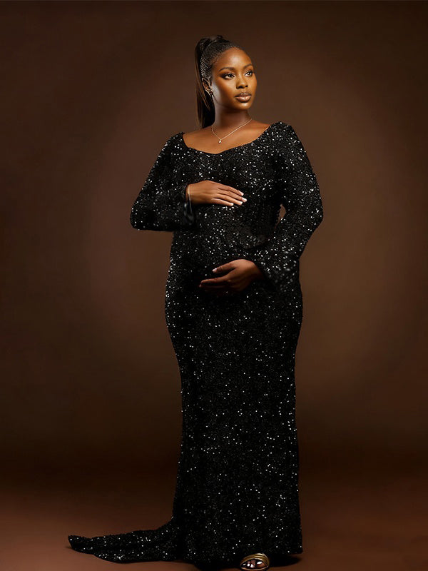 Momnfancy Sparkly Trailing Waist-cinching Mermaid Photoshoot Maternity Maxi Dress