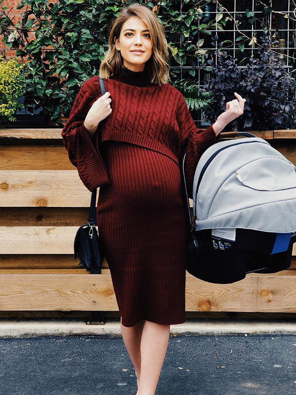 Momnfancy Solid Color Knitting 2-in-1 Bodycon Baby Shower Maternity Sweater Midi Dress