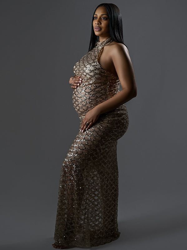 Momnfancy Backless Sequins Mermaid Halter Neck Maternity Photoshoot Maxi Dress
