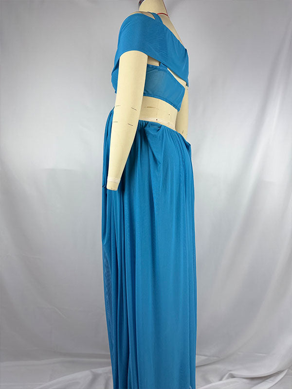 Momnfancy Blue Mesh Off Shoulder Ruched Cut Out Bodycon Evening Gown Baby Shower Maternity Maxi Dress