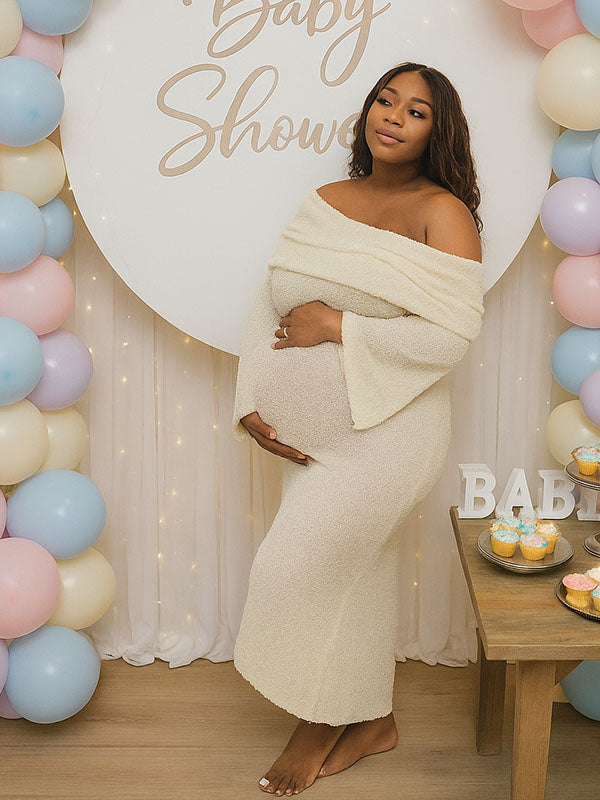 Momnfancy Solid Color Off Shoulder Knitwear Bodycon Baby Shower Maternity Maxi Dress