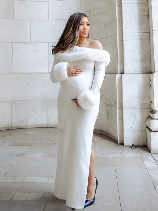 Momnfancy Off Shoulder Irregular Side Slit Bodycon Fur Splicing Christmas Party Gown Babyshower Maternity Maxi Dress
