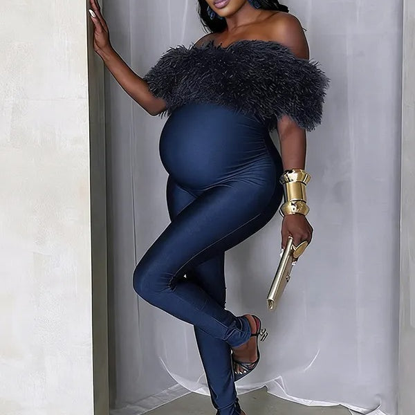 Momnfancy Off Shoulder Fluffy Fuzzy Bodycon Cap Sleeve Party Evening Baby Shower Maternity Jumpsuit