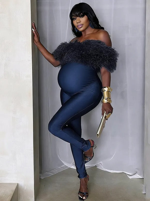 Momnfancy Off Shoulder Fluffy Fuzzy Bodycon Cap Sleeve Party Evening Baby Shower Maternity Jumpsuit