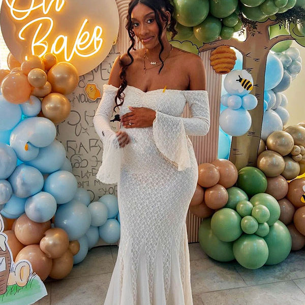 Momnfancy Lace Off Shoulder Mermaid Bodycon Baby Shower Maternity Maxi Dress