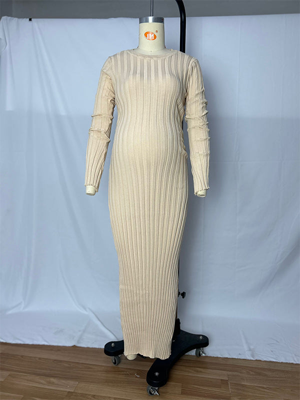 Momnfancy Solid Color Sashes Knit Lace-up High Waist Going Out Plus Size Photoshoot Maternity Sweater Maxi Dress