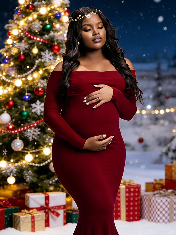 Momnfancy Christmas Wine Red Off Shoulder Backless Cut Out Mermaid Long Sleeve Bodycon Photoshoot Maternity Maxi Dress
