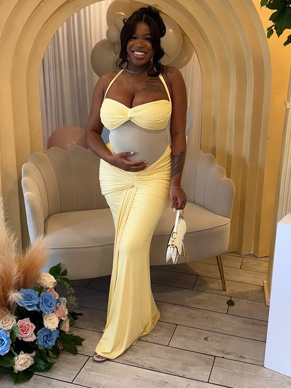 Momnfancy Halter Neck Backless Mesh Ruched Draped Lace-up Baby Shower Bodycon Maternity Maxi Dress