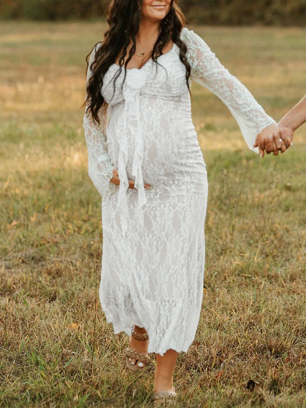 Momnfancy Lace 3D Flower Ruffle Long Sleeve Mermaid Bodycon Bridesmaid Gowns Photoshoot Maternity Maxi Dress