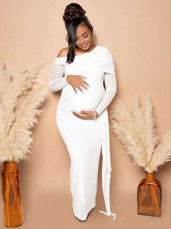 Momnfancy White Mesh Irregular Ruched Draped Off Shoulder Bodycon Maternity Maxi Dress