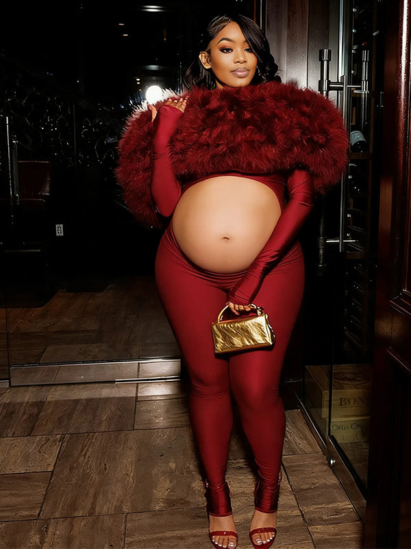 Momnfancy Off Shoulder Cut Out Fluffy Fuzzy Crop Bodycon Long Sleeve Party Evening Baby Shower Maternity Jumpsuit