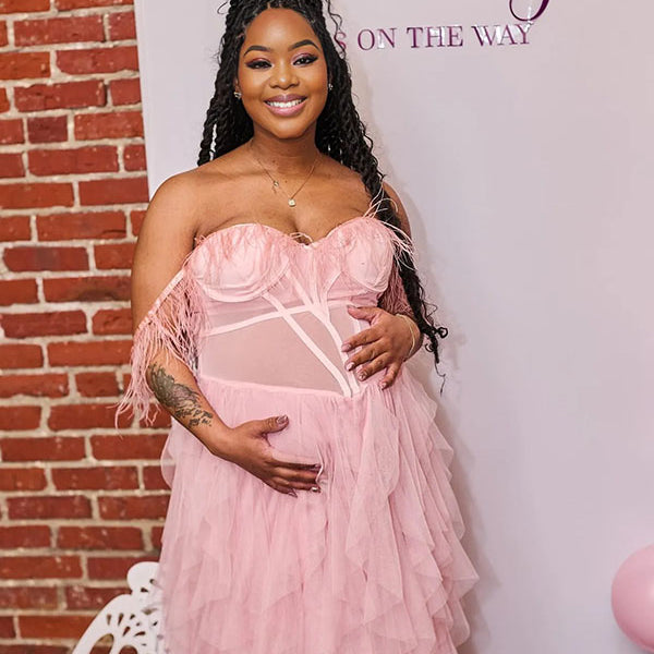 Momnfancy Pink Bandeau Off Shoulder Feather Tulle Maternity Photoshoot Dress