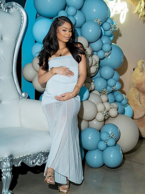 Momnfancy Light Blue Mesh Off Shoulder Ruched Baby Shower Maternity Maxi Dress