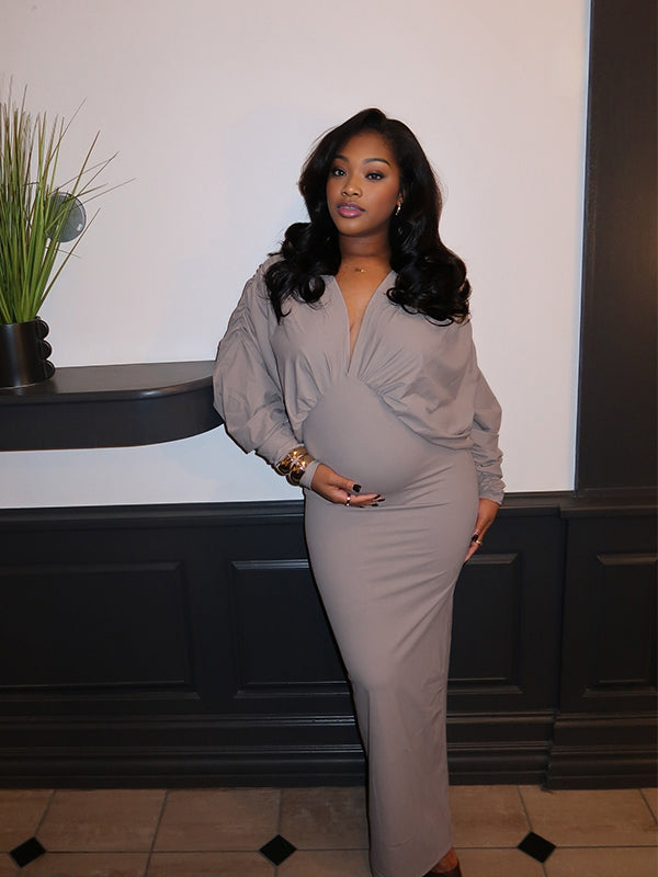 Momnfancy Dolman Sleeve Mermaid Waist-cinching Solid Color Photoshoo Maternity Maxi Dress