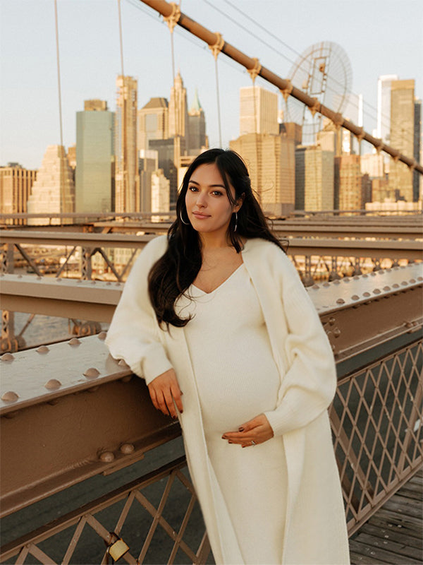 Momnfancy White Knitting  V-Neck Bodycon Two Pieces Cardigan Elegant Baby Shower Maternity Maxi Sweater Dress