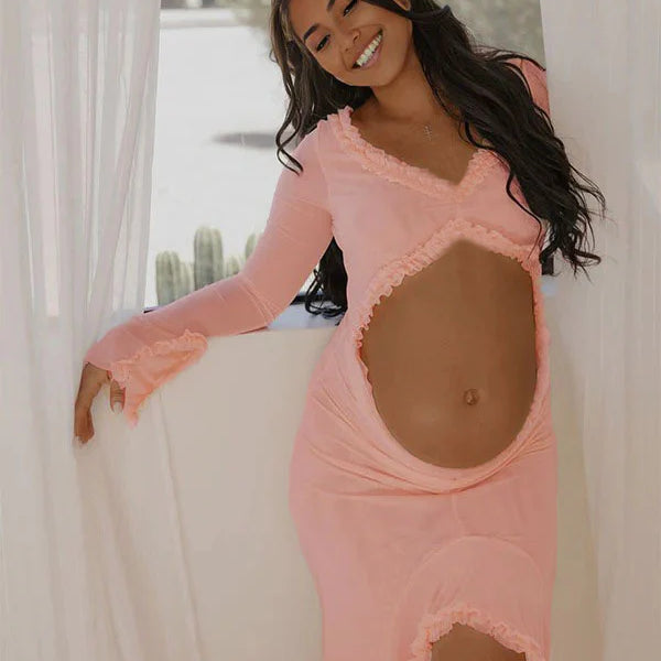 Momnfancy Pink Mesh Sheer Crop Cut Out Ruffle Side Slit Photoshoot Maternity Maxi Dresses