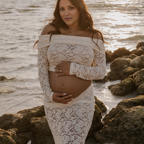 Momnfancy White Lace Off Shoulder Two Pieces Photoshoot Maternity Maxi Dress