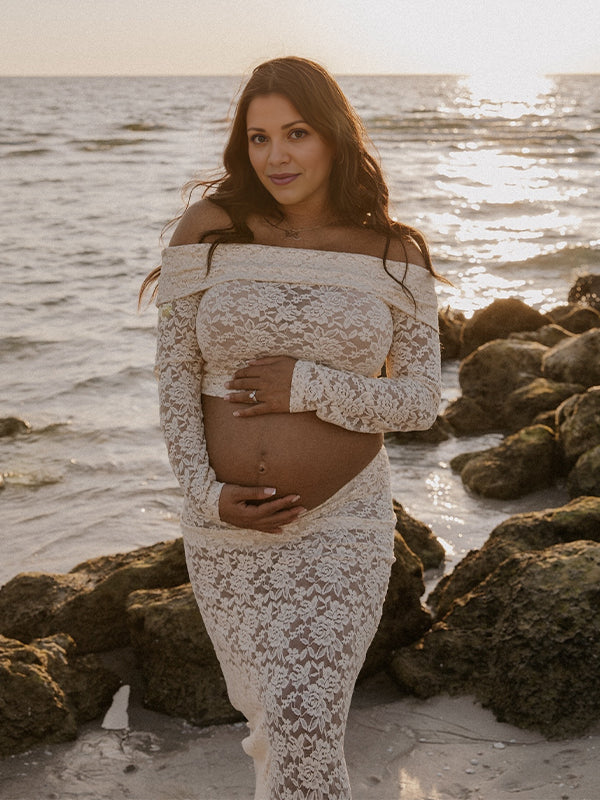 Momnfancy White Lace Off Shoulder Two Pieces Photoshoot Maternity Maxi Dress