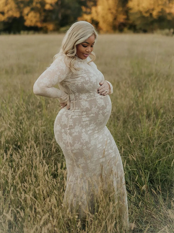 Momnfancy White Lace Ruffle Mermaid Long Sleeve Bodycon Elegant Boho Photoshoot Maternity Maxi Dress